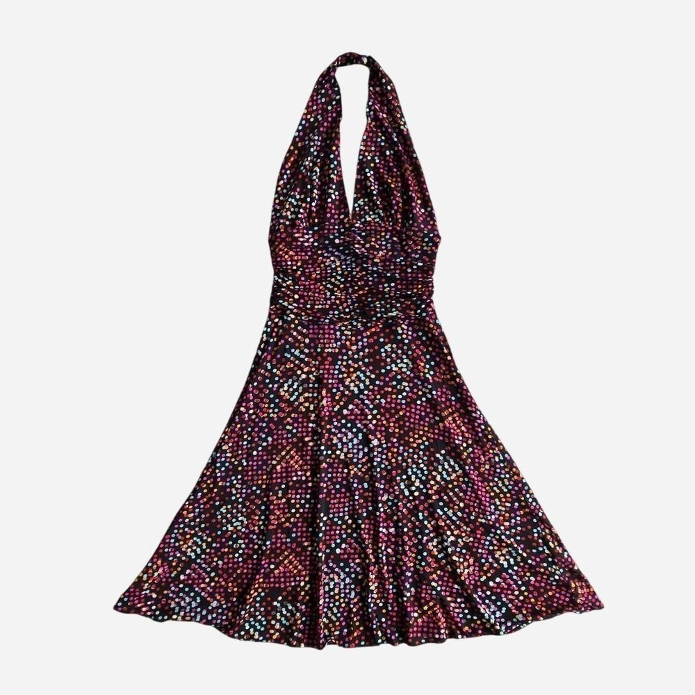 Vtg Just in Time y2k polka dot pin up style halter dress with rouching on waist.